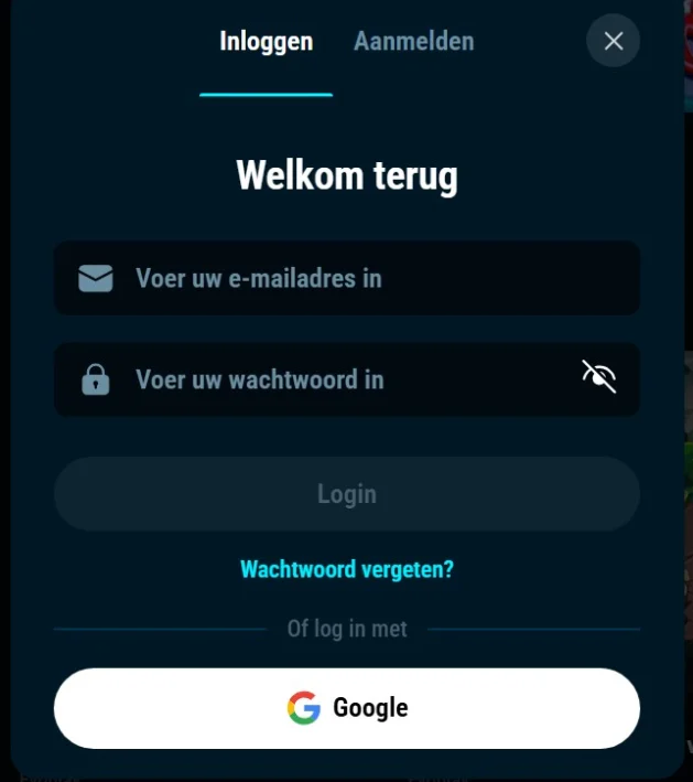Inlogscherm van Crystal Roll Casino met e-mailadres, wachtwoord en Google-aanmelding